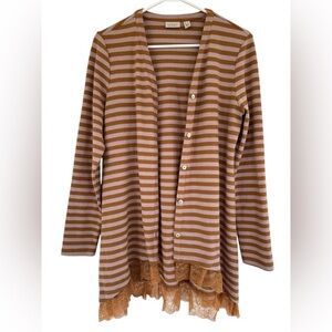 LOGO by Lori Goldstein Waffle Knit Striped Cardigan Lace Ruffle Trim‎ Size Large